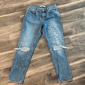 Zara Pearl Studded & Distressed Jeans
